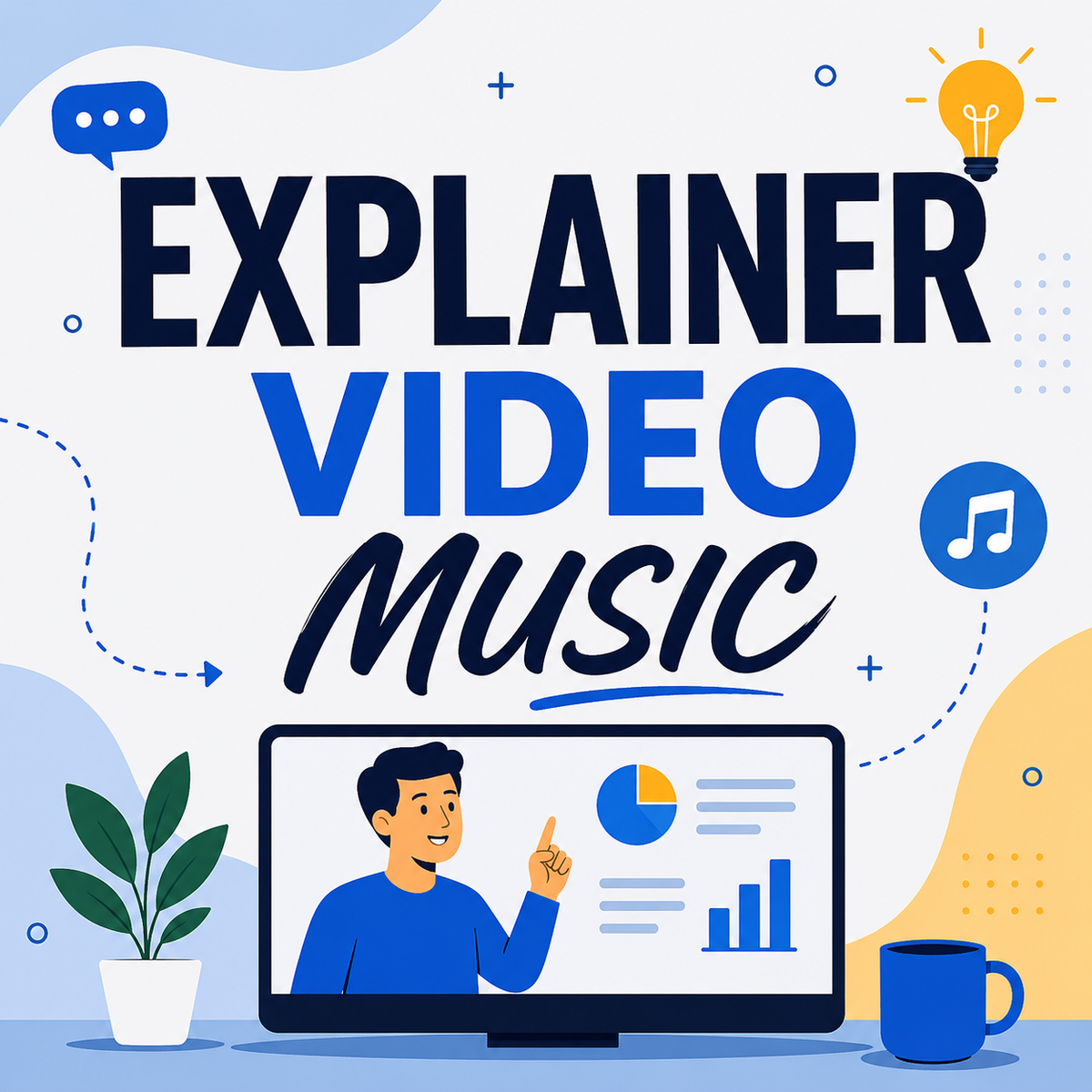 Explainer Video Music in large letter with a drawn office setting, light bulb, and chat bubble.
