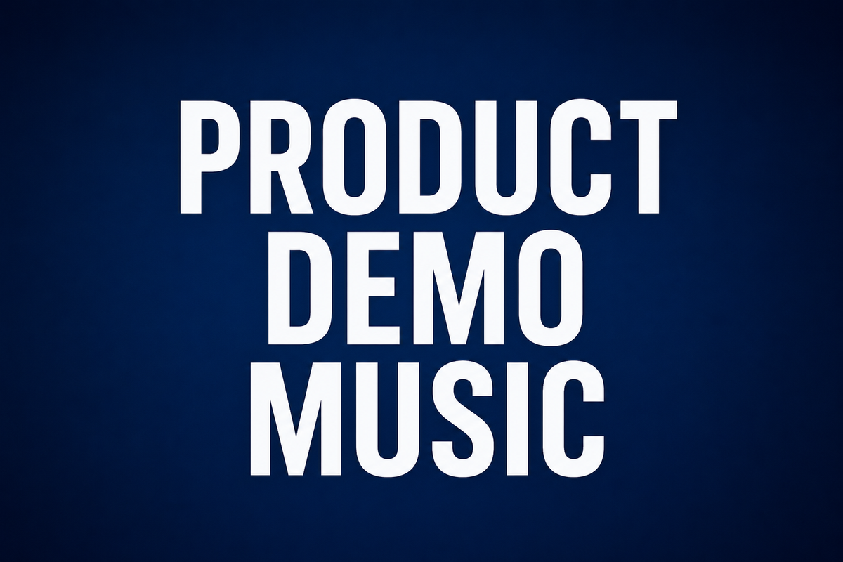 Product Demo Music in large white lettering with a dark blue background that fades darker around the edges.