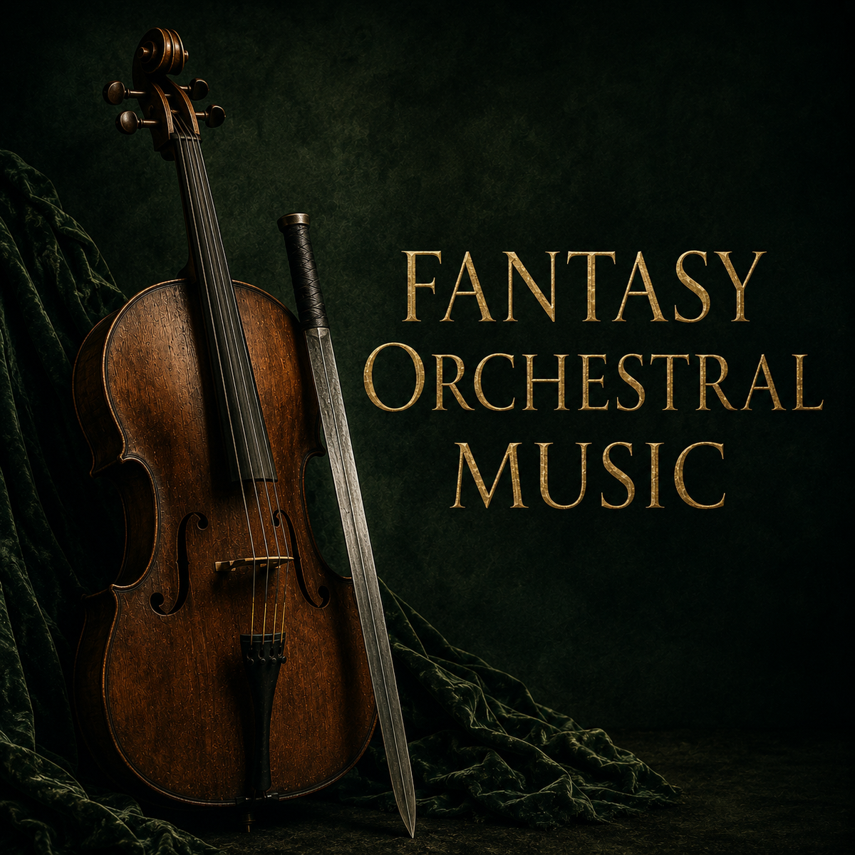 Fantasy Orchestral Music in large gold lettering with a dark background and a sword leaning against a cello.