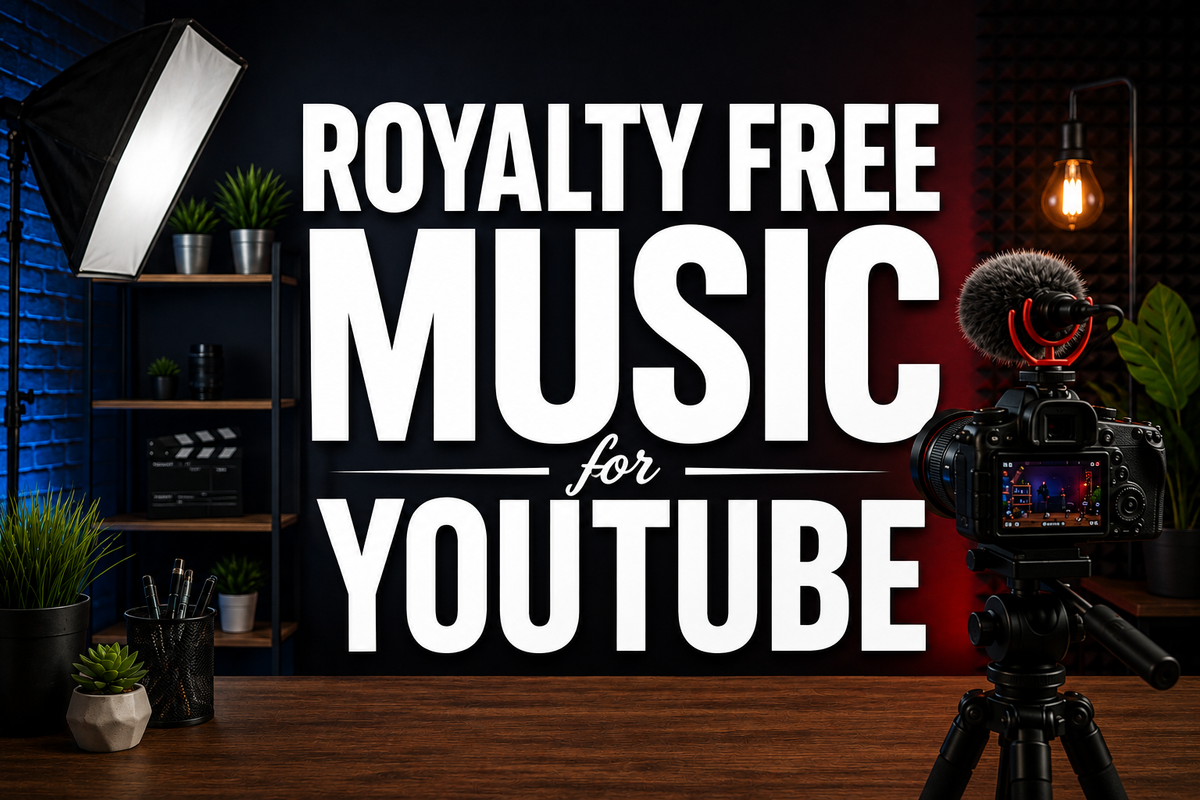 Royalty free music for YouTube in large white lettering with a content filming studio in the background.
