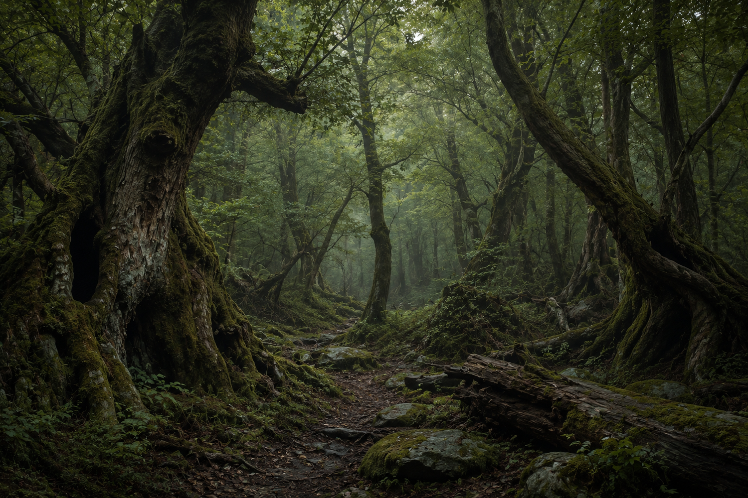 A dark forest with large trees having dark bark and a dark green canopy of leaves.