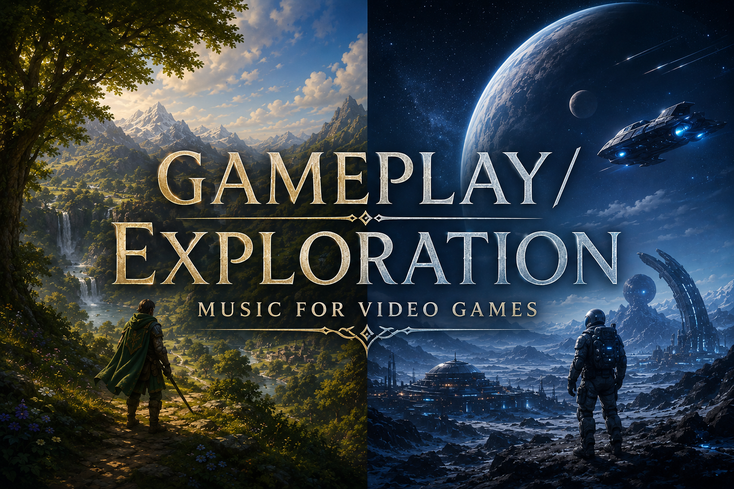One half is a fantasy world, the other half a sci-fi world with the combined images saying gameplay/exploration music for video games