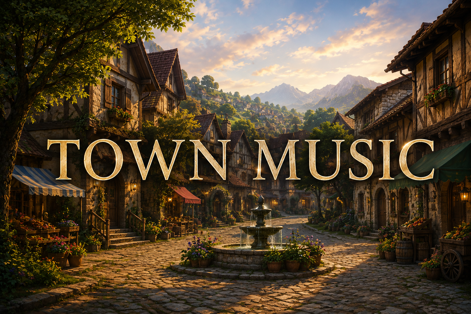 A fantasy, medieval style town surrounded by  a forest and mountains with large words that say town music.