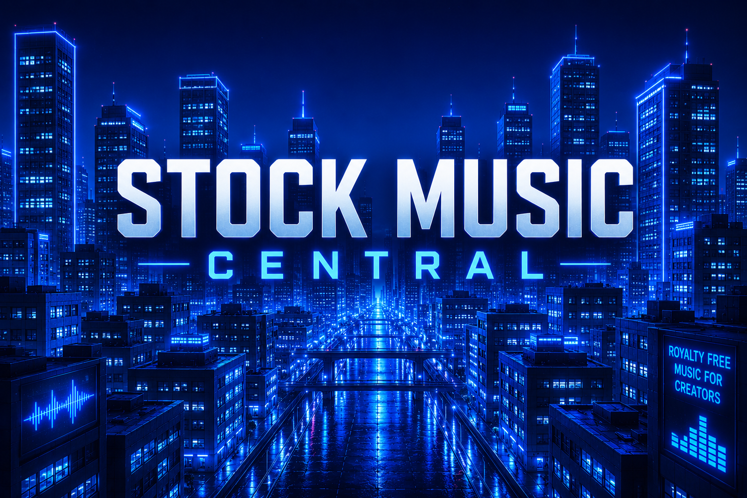 Digital cover art for 'Stock Music Central' featuring a glowing blue futuristic city skyline at night with a river reflecting the lights. The title 'STOCK MUSIC CENTRAL' is displayed in large, bold, metallic silver and blue text across the center.