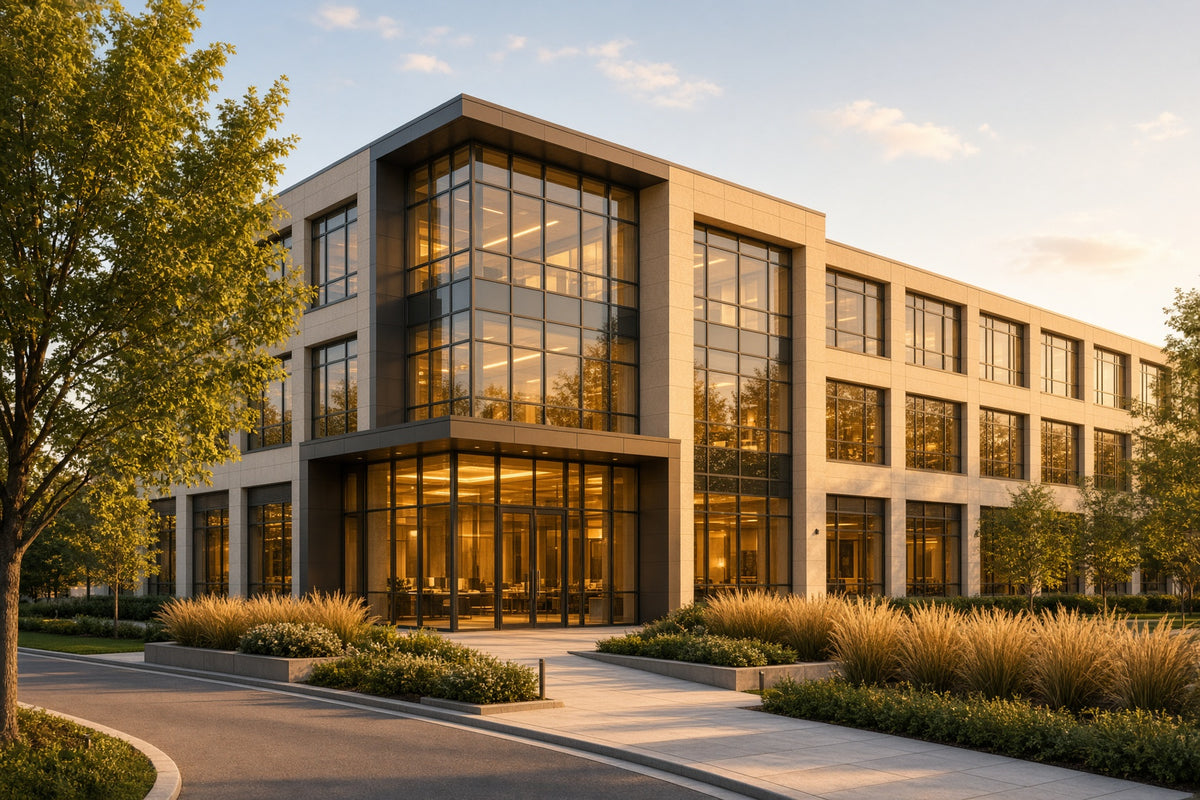 A 3 story corporate building at sunset with relaxing green and brown foliage and trees.
