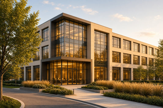 A 3 story corporate building at sunset with relaxing green and brown foliage and trees.