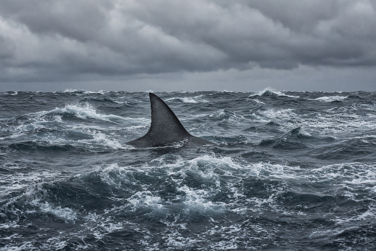 A large shark fin sticking out above rough seas.