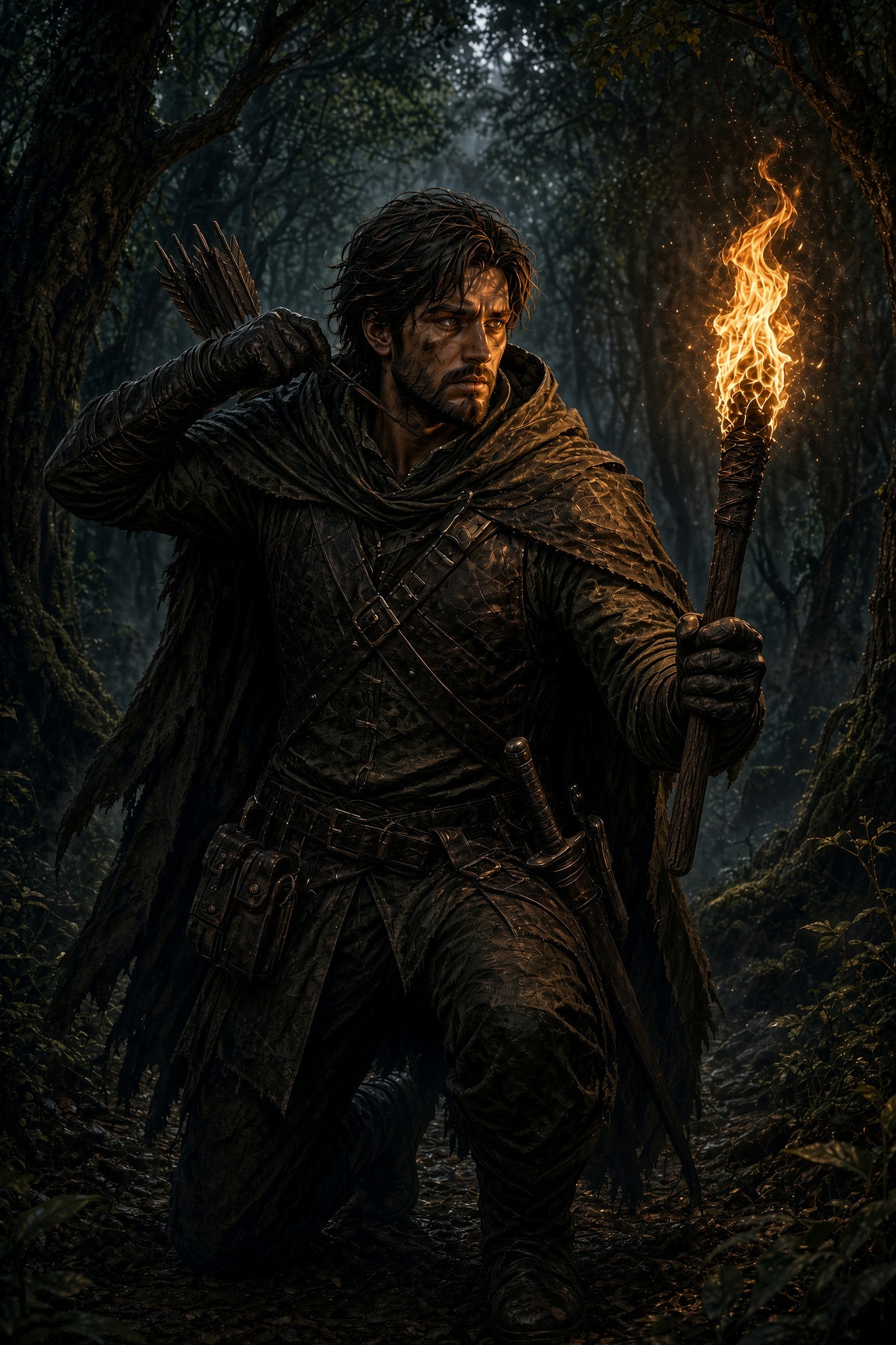 A questing ranger with a lit torch kneeling through a dark forest.