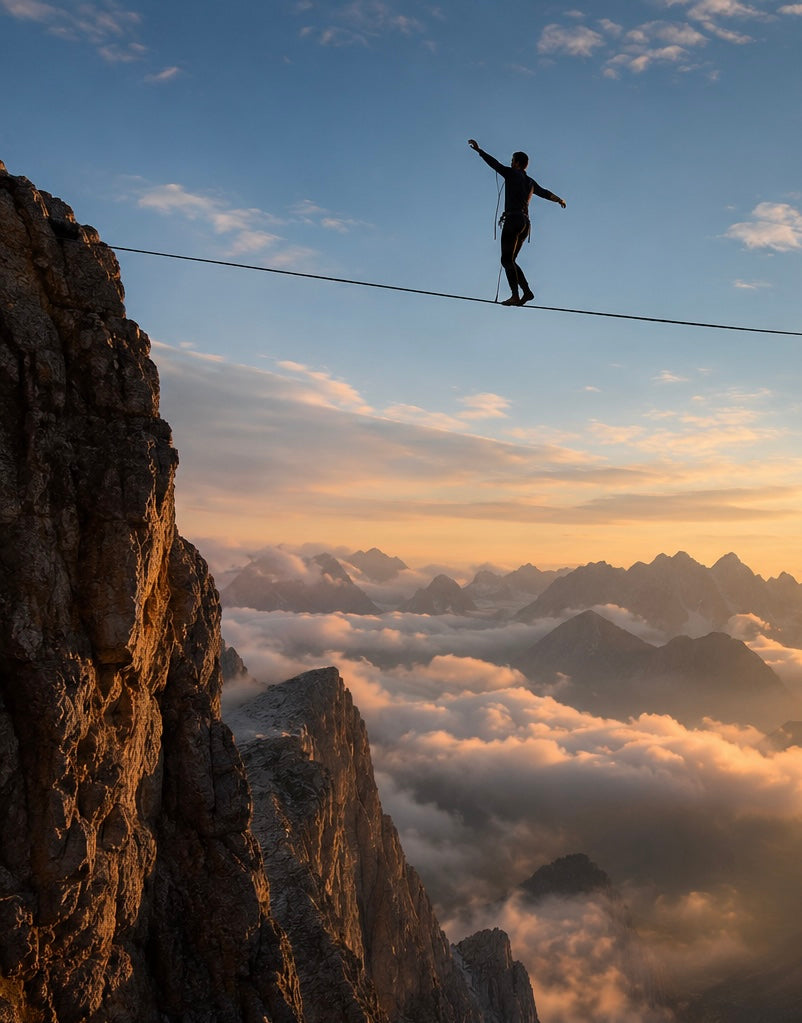 Person walking on a slackline high above a mountainous landscape with clouds below.