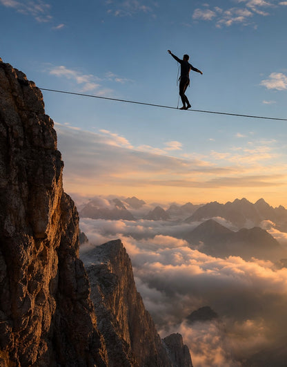 Person walking on a slackline high above a mountainous landscape with clouds below.