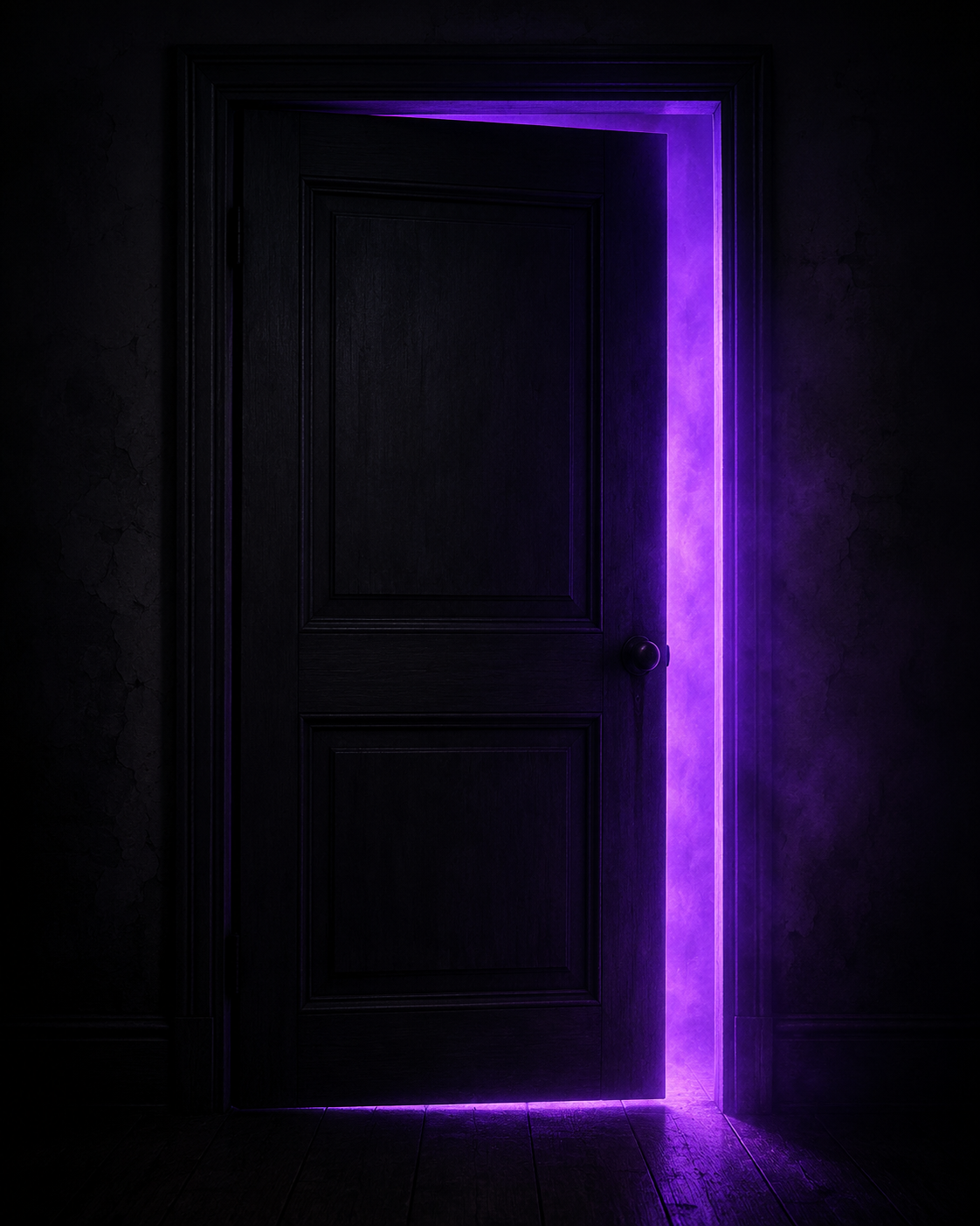 A dark wooden door in a dim room, glowing with a bright purple light from within, casting a purple glow onto the surrounding wall and floor.