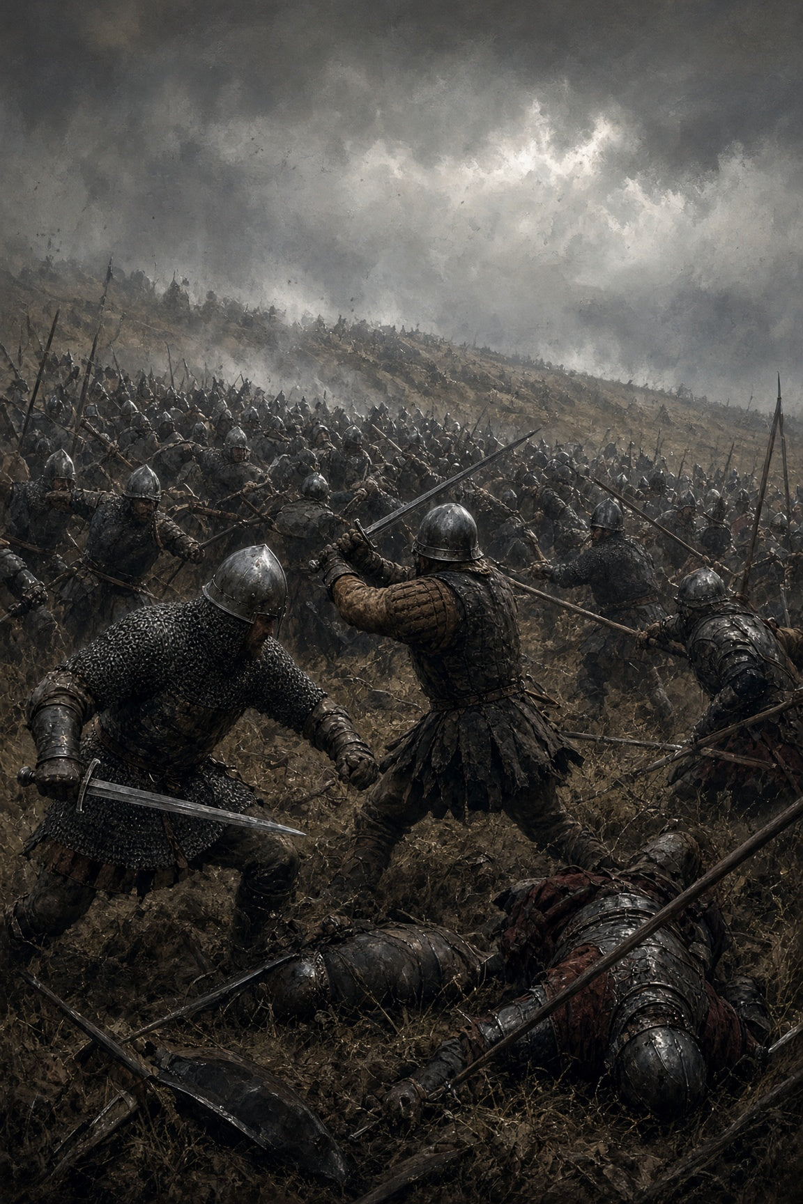 A dramatic medieval battle scene with armored soldiers fighting in a grassy field under a dark, stormy sky. Several figures are visible in the foreground, with rows of troops extending into the distance.