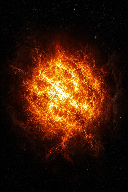 A vibrant cosmic nebula or star-forming region glowing with intense orange, yellow, and red light against a dark starry space background.