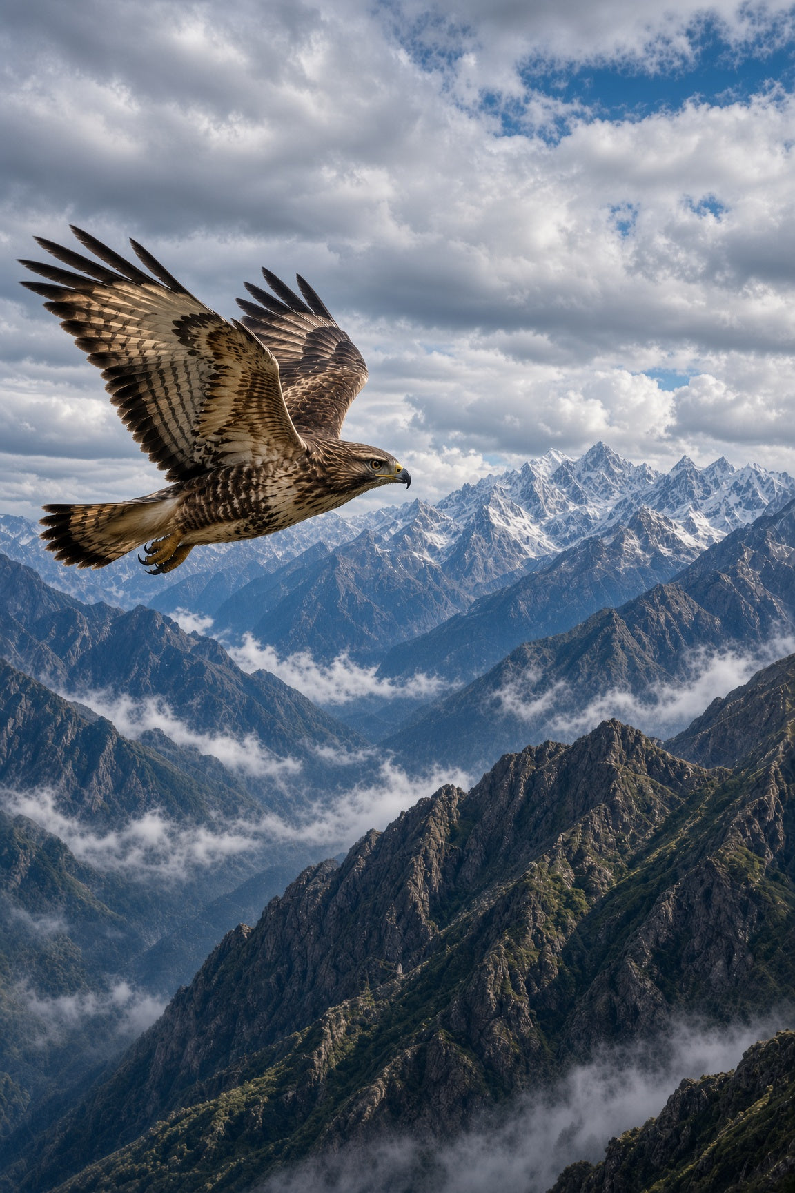 A hawk flying over a large snowy mountain scape with many mountains and clouds surrounding the mountain peaks.