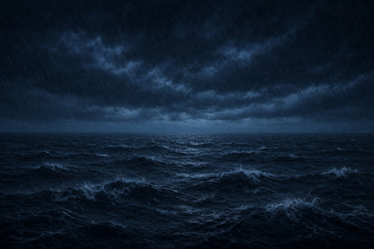 A dramatic stormy seascape at night with dark blue ocean waves, heavy rain, and a cloudy sky.