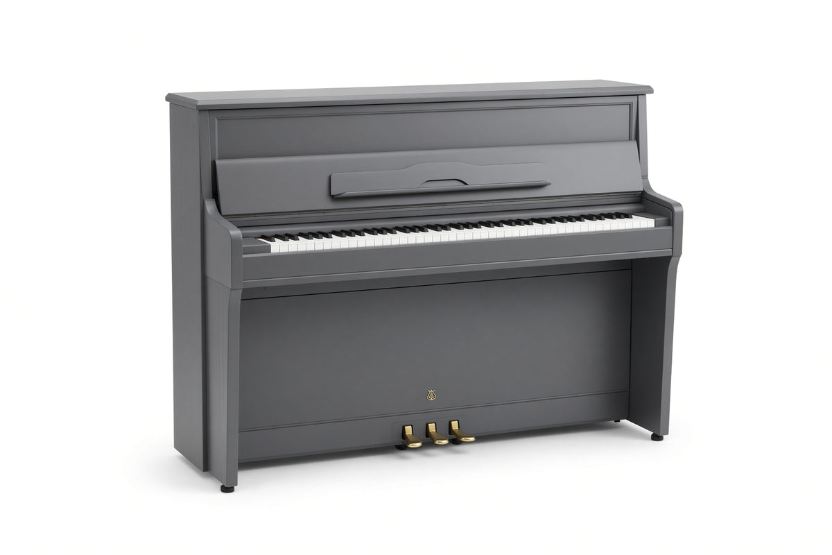A black upright piano with a white background.