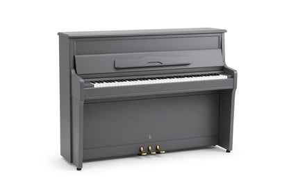 A black upright piano with a white background.