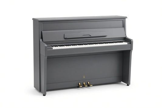 A black upright piano with a white background.