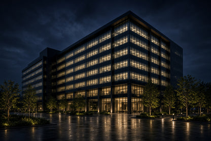 Corporate office building at night surrounded by trees and a parking lot.