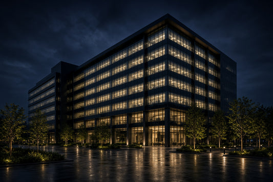 Corporate office building at night surrounded by trees and a parking lot.