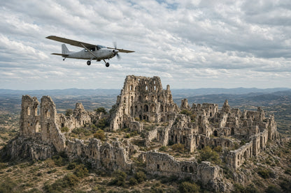 A single engine plane flying over old ruins with distant hills in the background.
