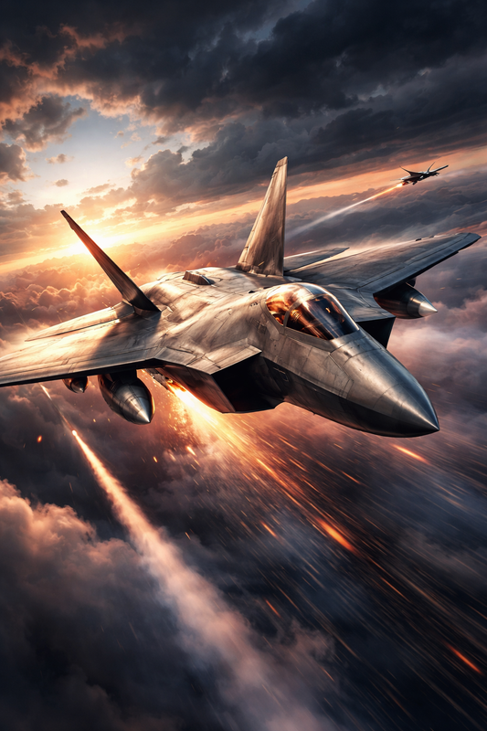 Fighter jet flying in cloudy skies with its weapons firing.