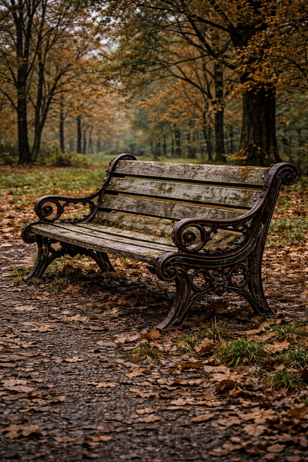 An old styled bench sitting in a park in the fall