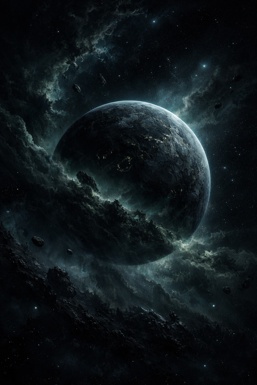 A dark mysterious planet surrounded by a nebula in deep space