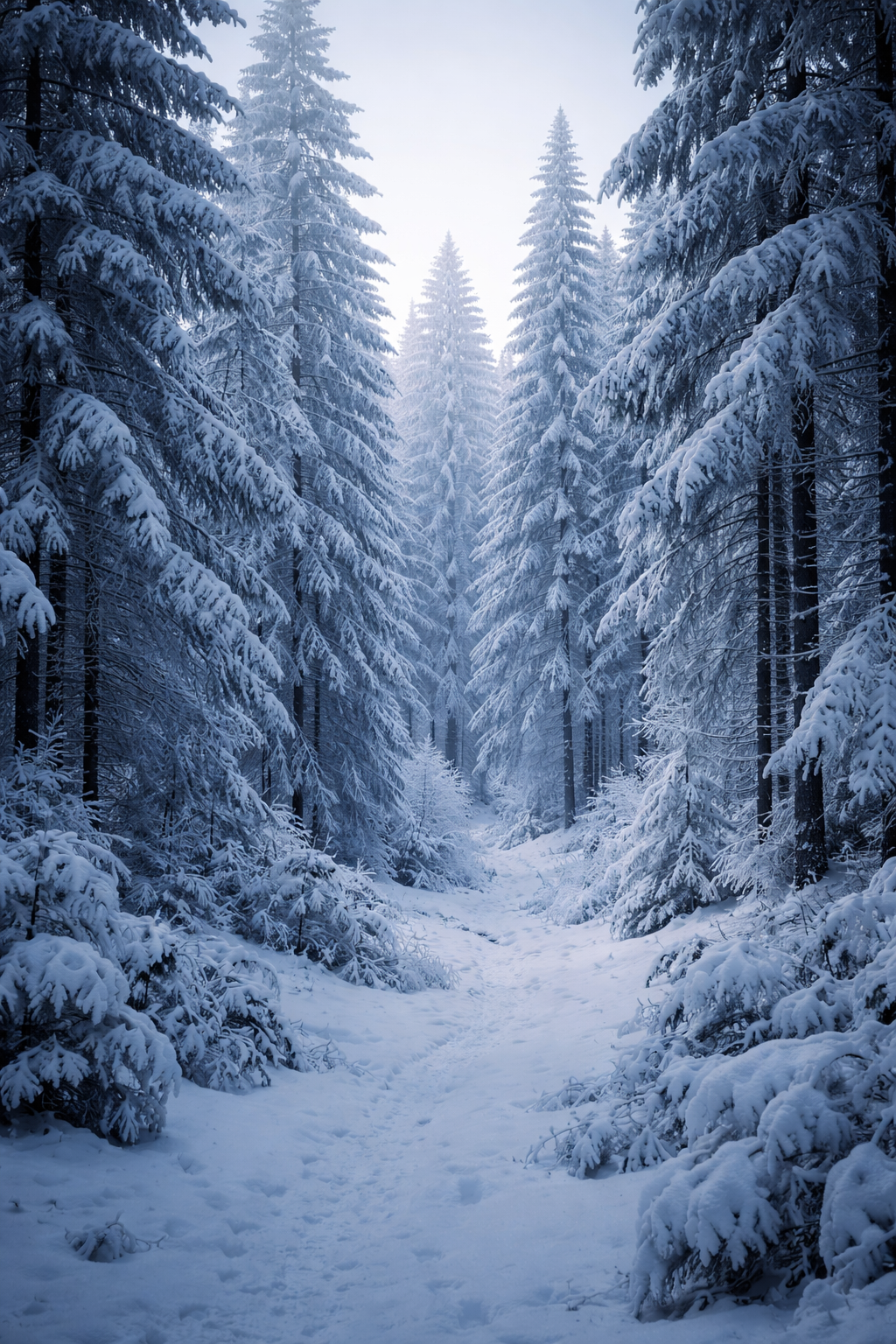 Frozen tall pine trees in a snow covered forest