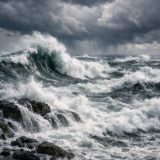 Stormy ocean with large waves crashing against rocks under dark clouds.
