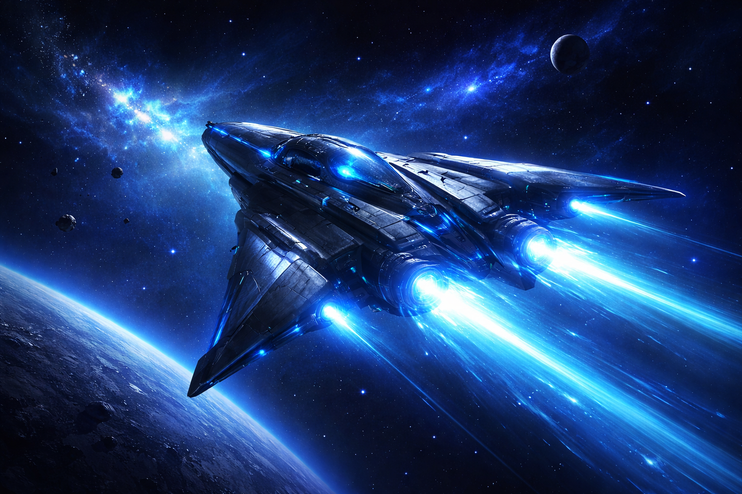 A ship flying over a blue planet while firing off blue after burner glows.