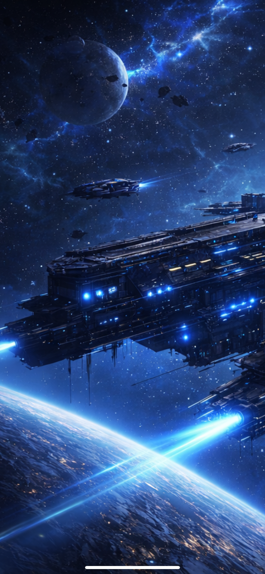 Ship docking at a space station orbiting a planet with blue a spacial background.