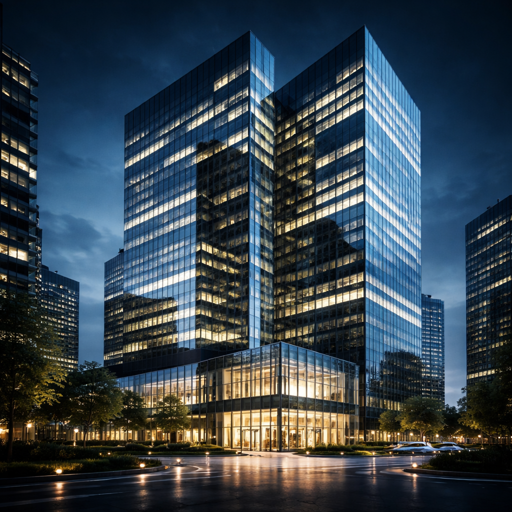 Modern skyscrapers at night with illuminated windows