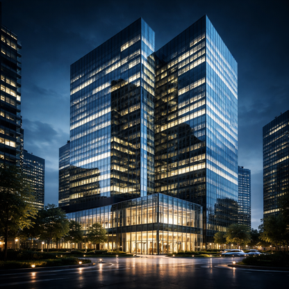 Modern skyscrapers at night with illuminated windows