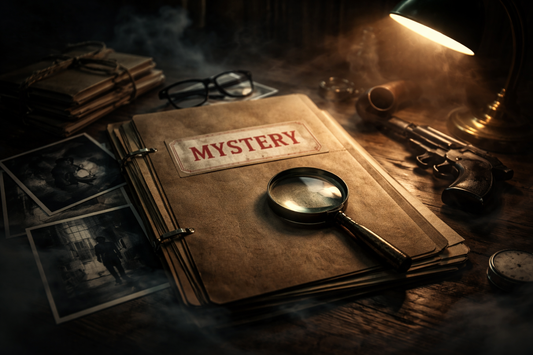 Vintage detective-themed setup with a book labeled 'Mystery', magnifying glass, and old photos on a wooden surface.