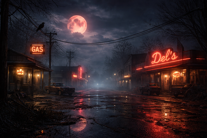 Ghost town street at night with neon signs and a full moon.