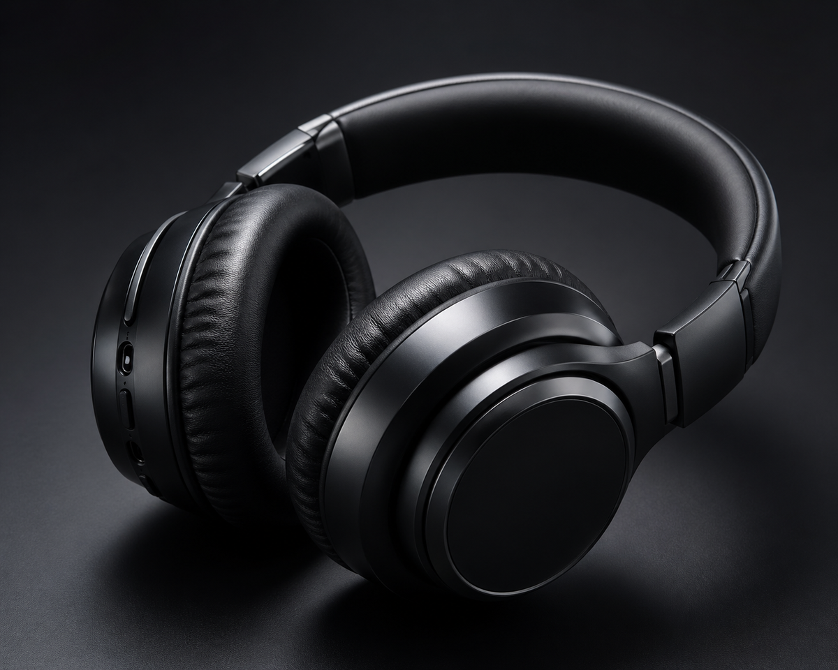 A pair of black headphone sitting on a dark table.