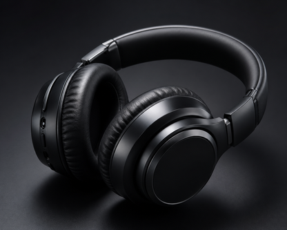 A pair of black headphone sitting on a dark table.