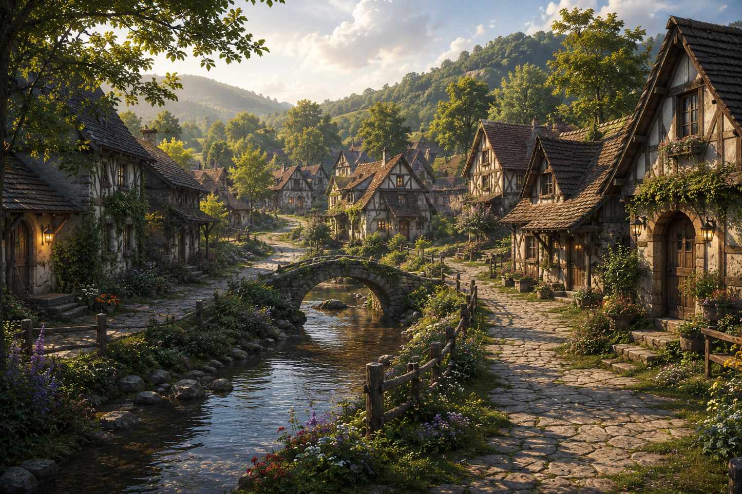Fantasy village with stone houses and a stream in a lush green landscape