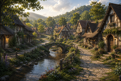 Fantasy village with stone houses and a stream in a lush green landscape