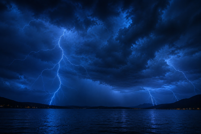Thunderstorm with lightning over a body of water