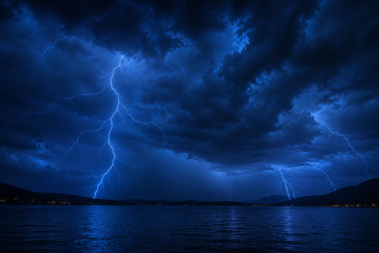 Thunderstorm with lightning over a body of water