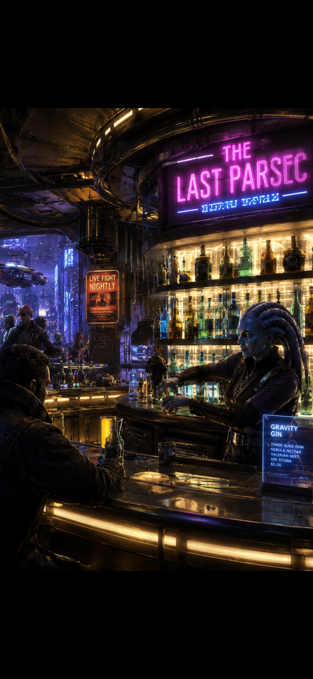 Bar scene with neon sign 'The Last Parsec' in a dark, urban setting.