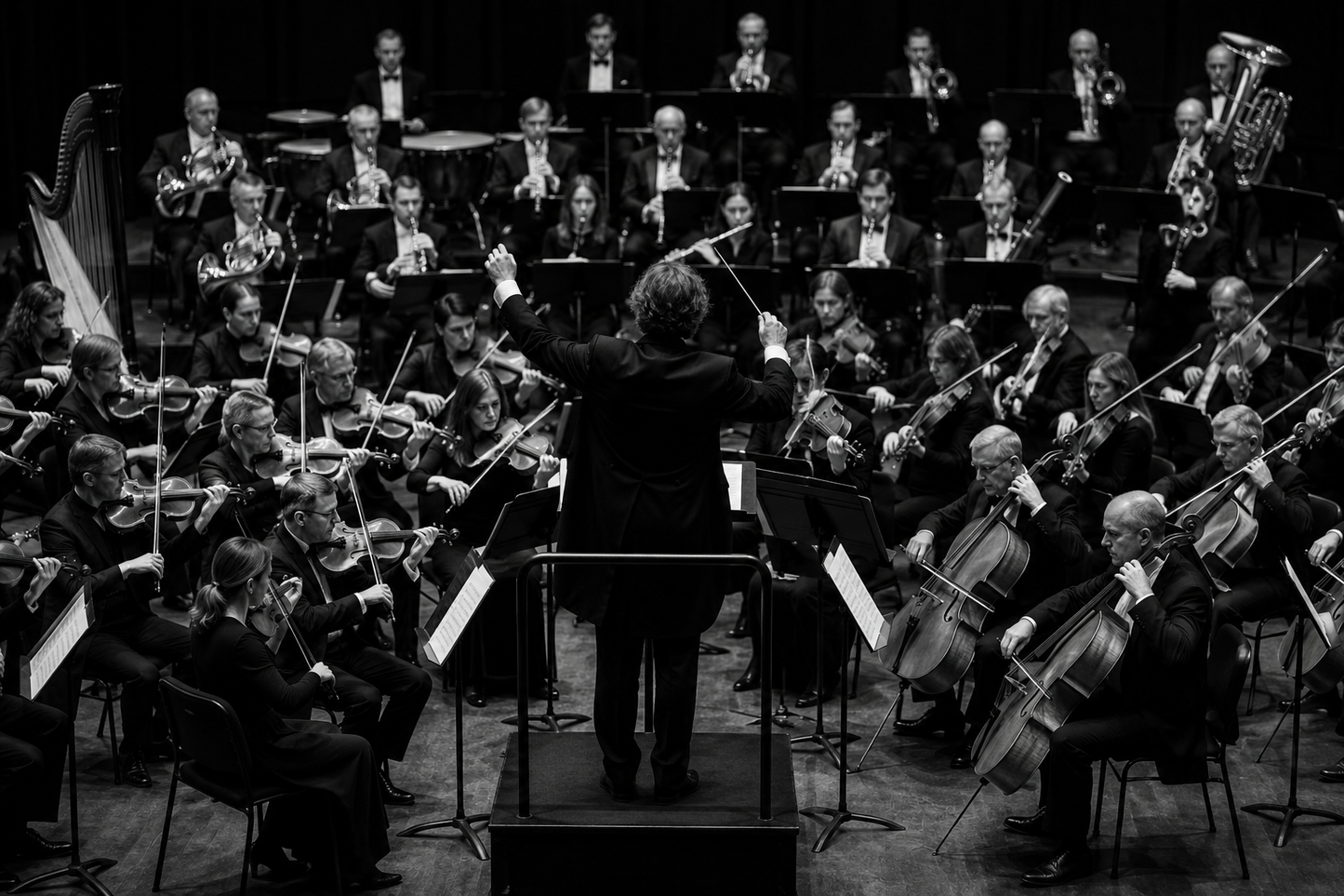 A black and white image with an orchestra set up around a conductor.