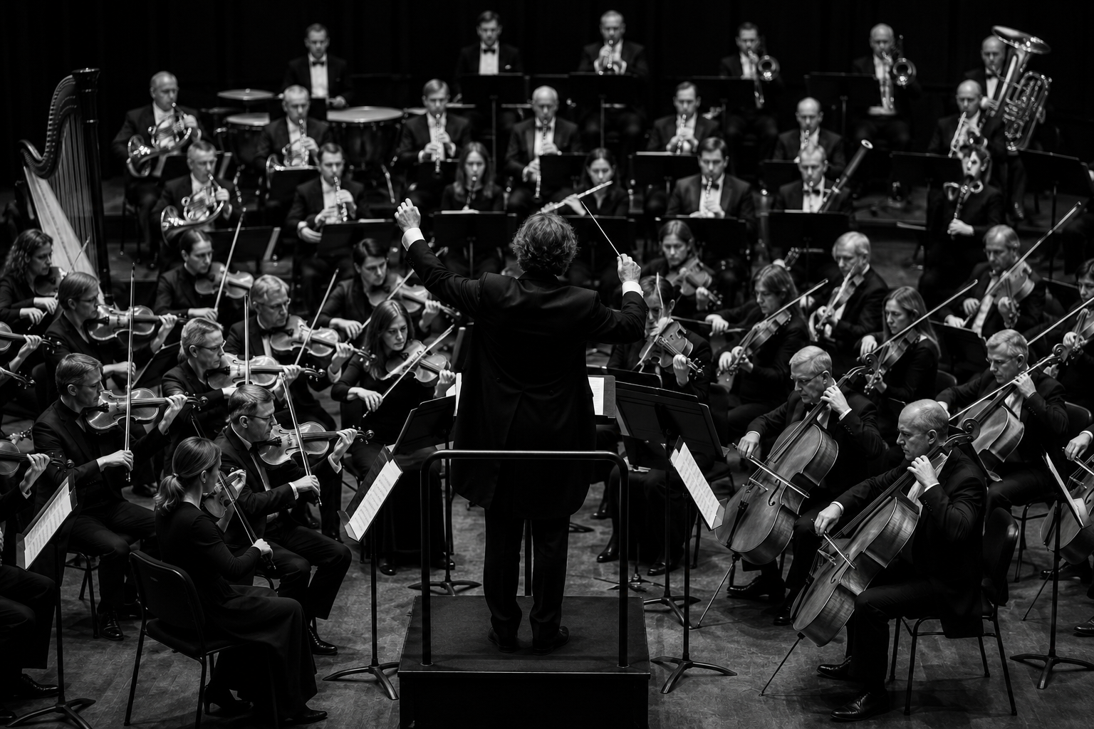 A black and white image with an orchestra set up around a conductor.