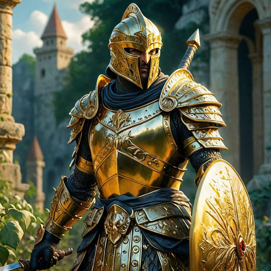 A knight in armor with a background of castle and forest.