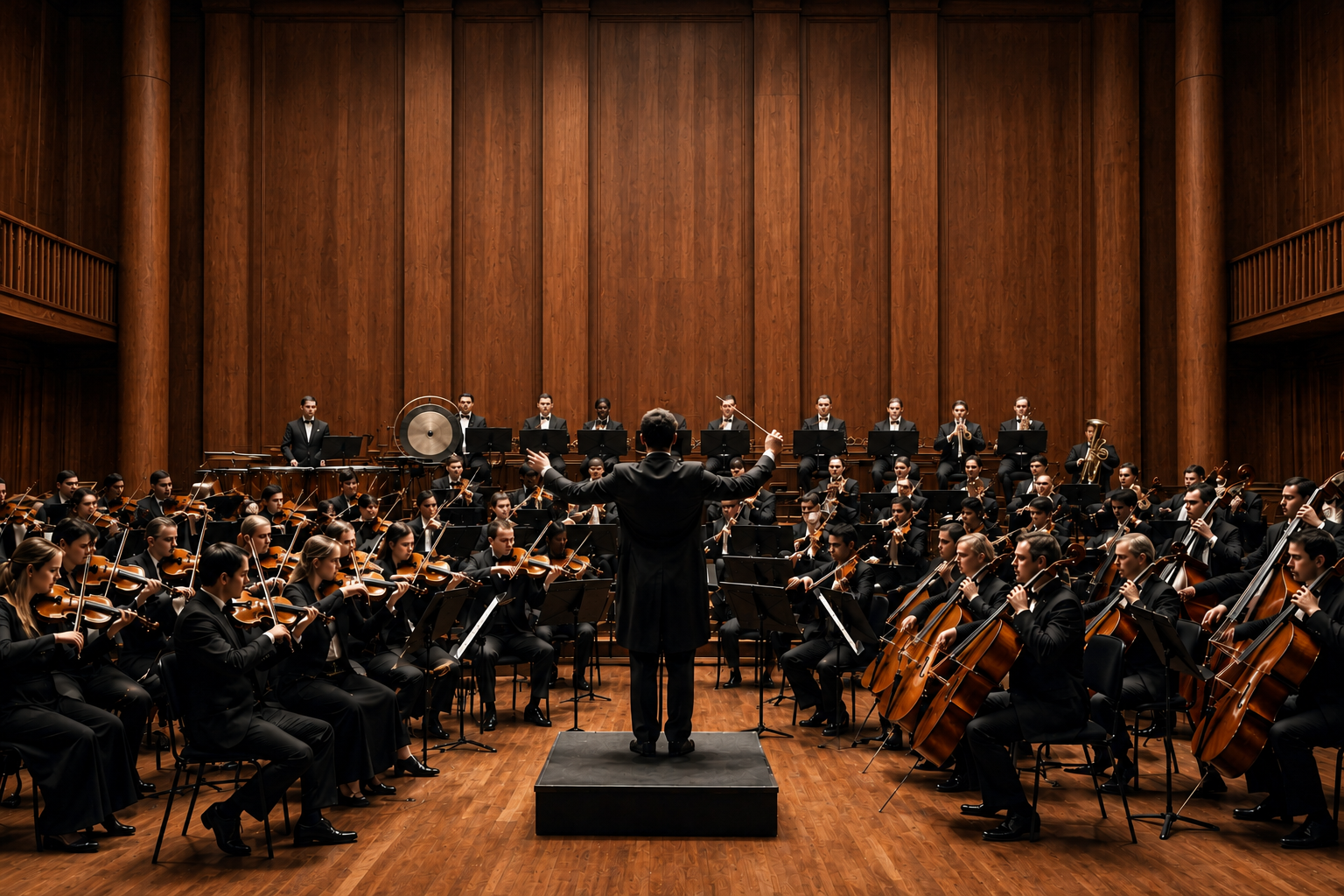 A full orchestra in a wood-paneled concert hall, with a conductor standing on a podium facing the instruments.