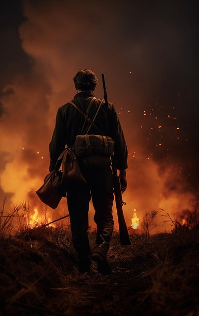 Person with a rifle walking through a field with flames and smoke in the background